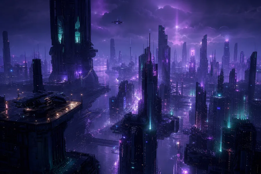 Purple Futuristic Megacity Skyline Cyberpunk Wallpaper 6 4K 9