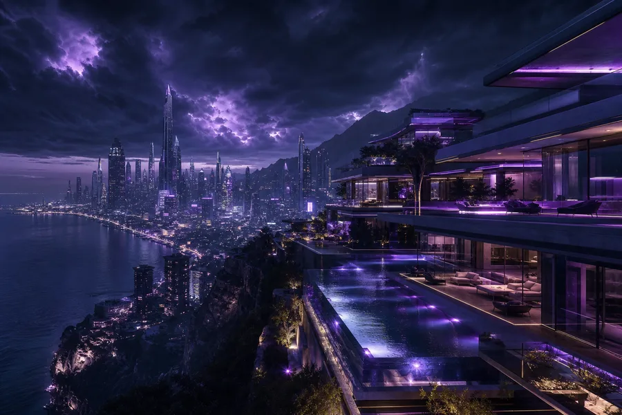 Purple Futuristic Megacity Skyline Luxury-Villas Wallpaper  6 4K