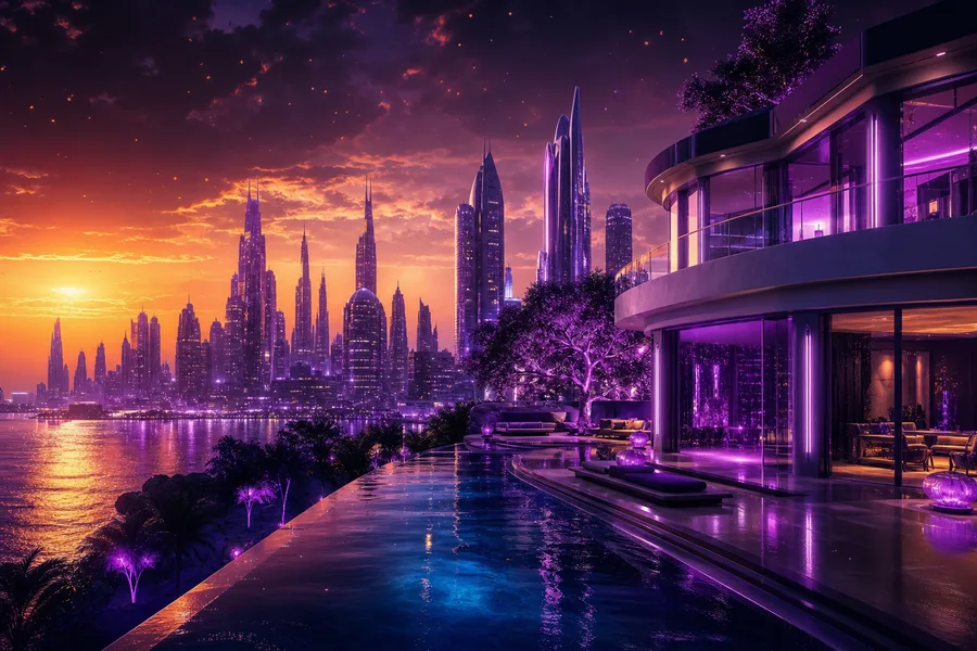 Purple Futuristic Megacity Skyline Luxury-Villas Wallpaper 6 4K 3