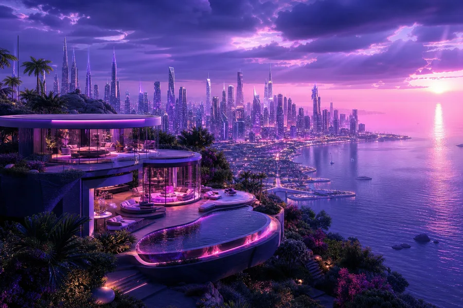 Purple Futuristic Megacity Skyline Luxury-Villas Wallpaper 6 4K 4