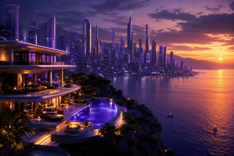 Purple Futuristic Megacity Skyline Luxury-Villas Wallpaper 6 4K 7
