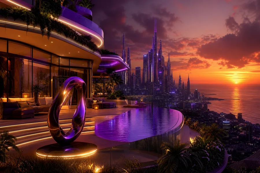 Purple Futuristic Megacity Skyline Luxury-Villas Wallpaper 6 4K