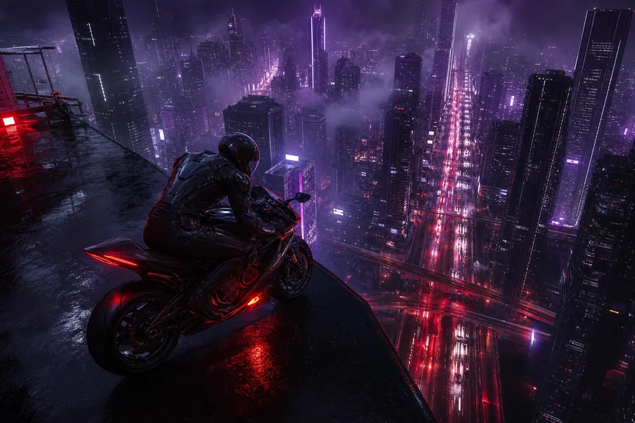 Purple Futuristic Megacity Skyline Motorcycles Wallpaper 6 4K 3