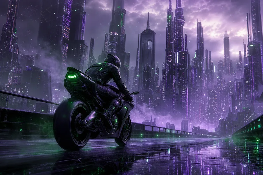 Purple Futuristic Megacity Skyline Motorcycles Wallpaper 6 4K 4