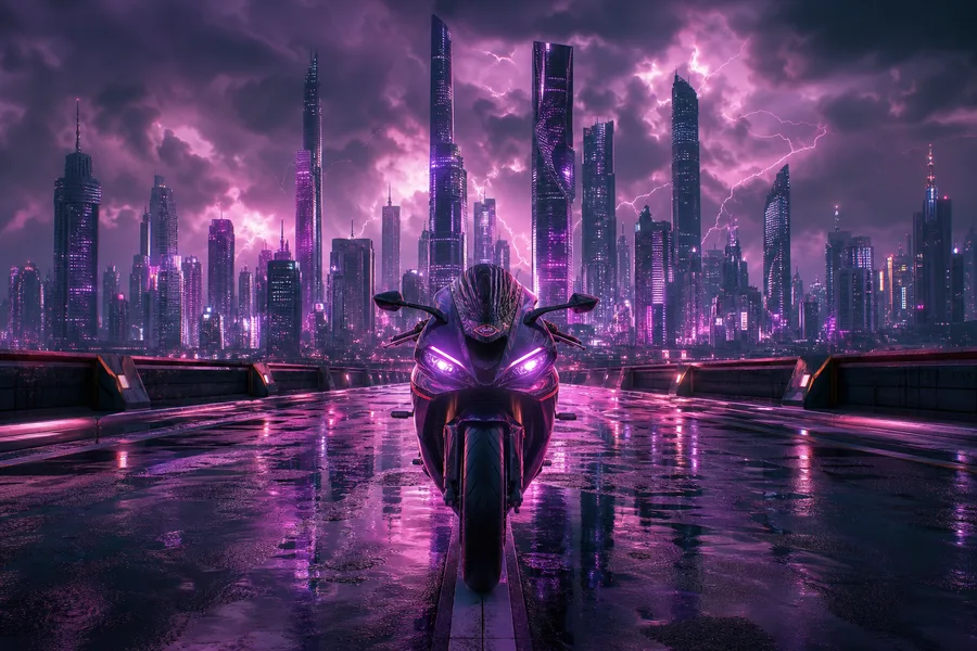 Purple Futuristic Megacity Skyline Motorcycles Wallpaper 6 4K