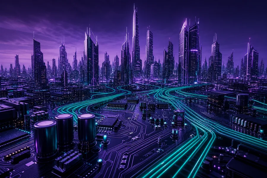Purple Futuristic Megacity Skyline Pcb-Design Wallpaper  6 4K