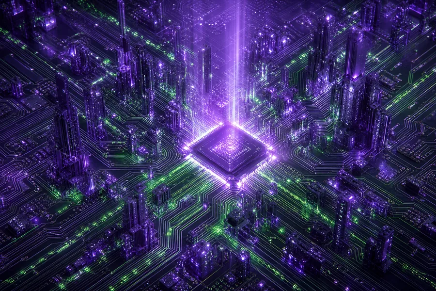 Purple Futuristic Megacity Skyline Pcb-Design Wallpaper 6 4K 5