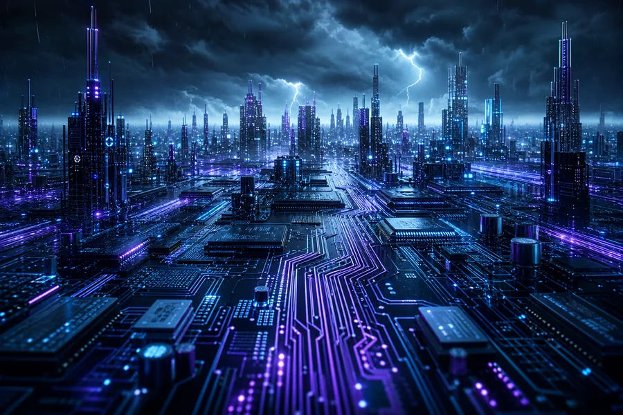 Purple Futuristic Megacity Skyline Pcb-Design Wallpaper 6 4K 7