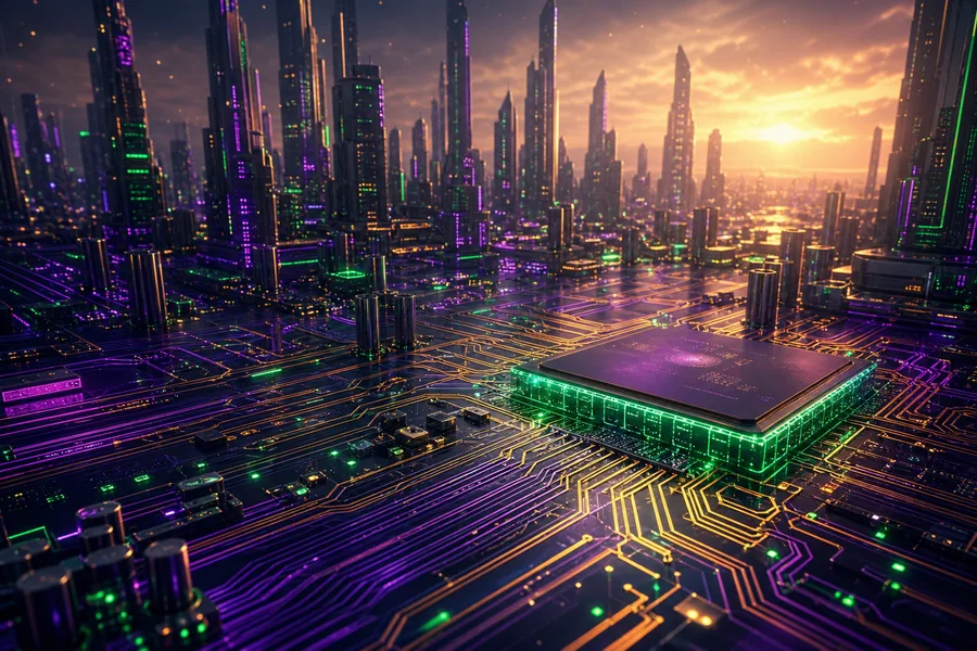 Purple Futuristic Megacity Skyline Pcb-Design Wallpaper  6 4K