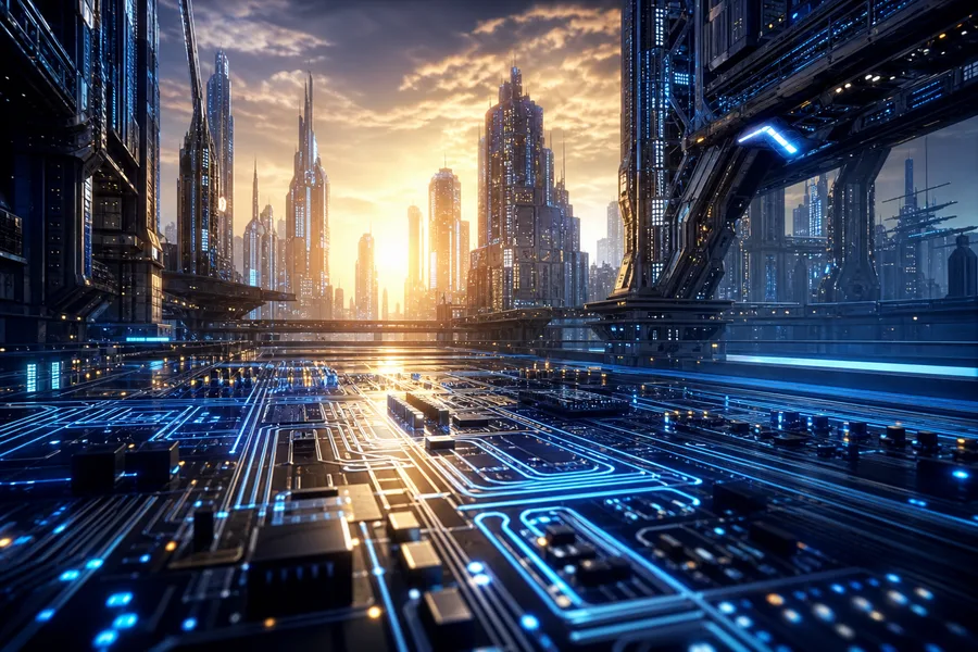 Purple Futuristic Megacity Skyline Pcb-Design Wallpaper 6 4K