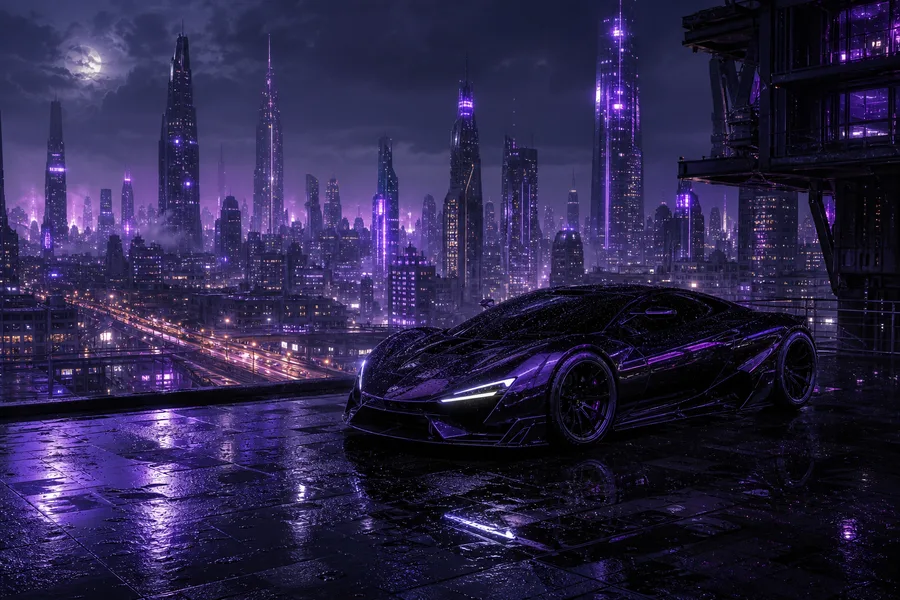 Purple Futuristic Megacity Skyline Supercars Wallpaper 6 4K 3