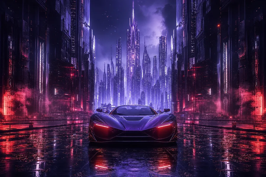 Purple Futuristic Megacity Skyline Supercars Wallpaper 6 4K 6