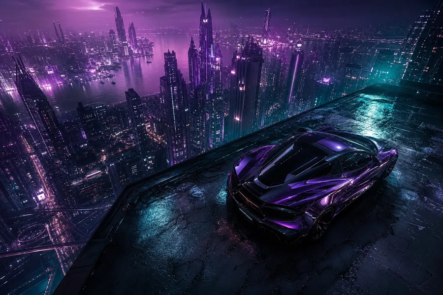 Purple Futuristic Megacity Skyline Supercars Wallpaper  6 4K