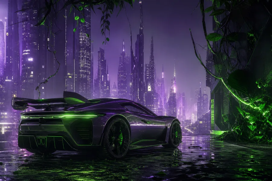 Purple Futuristic Megacity Skyline Supercars Wallpaper 6 4K
