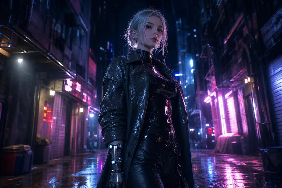 Rainy Neon Alley With Reflections Female-Androids Wallpaper  4 4K