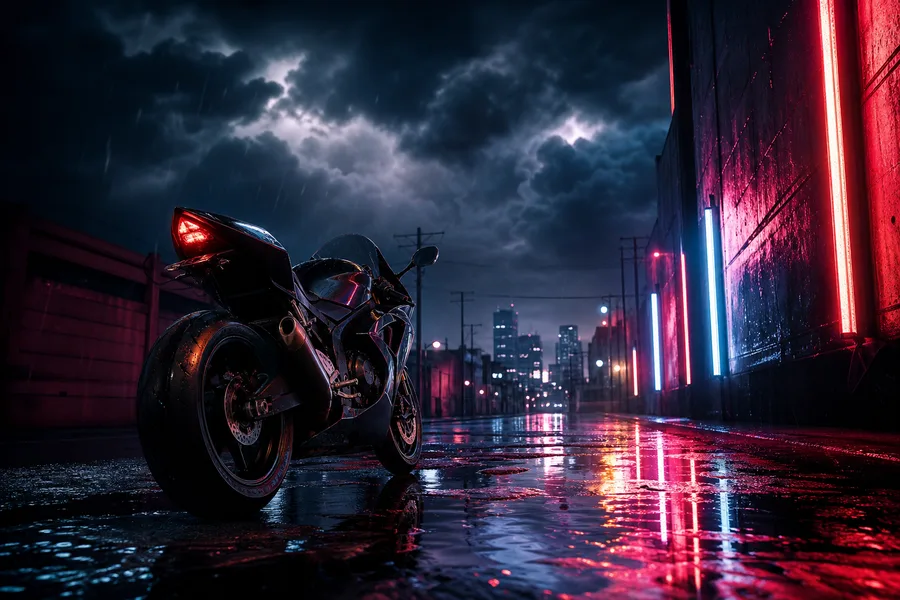 Rainy Neon Alley With Reflections Motorcycles Wallpaper  4 4K