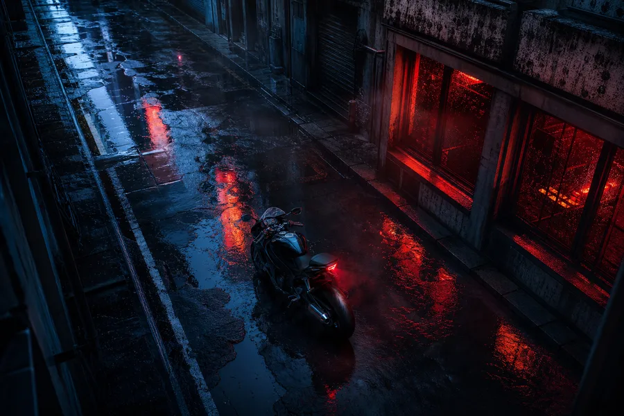 Rainy Neon Alley With Reflections Motorcycles Wallpaper 4 4K 5