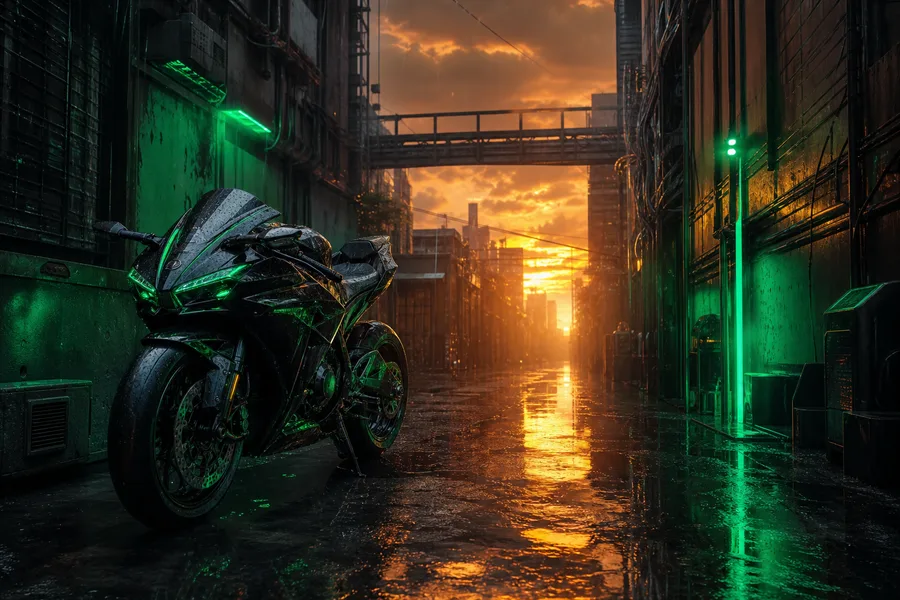 Rainy Neon Alley With Reflections Motorcycles Wallpaper  4 4K