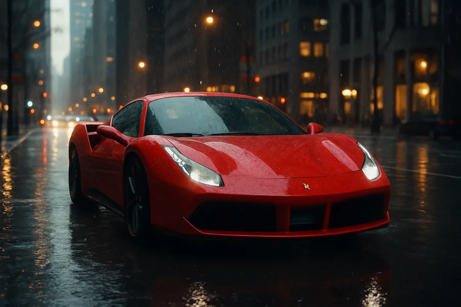 Red Ferrari In Rainy City Cars Wallpaper 10 4K