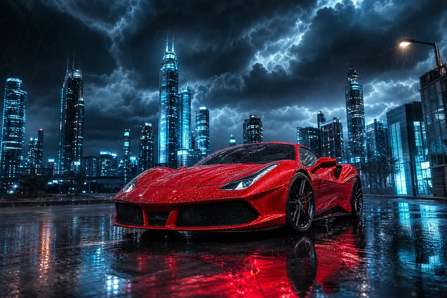 Red Ferrari In Rainy City Cars Wallpaper 2 4K 10