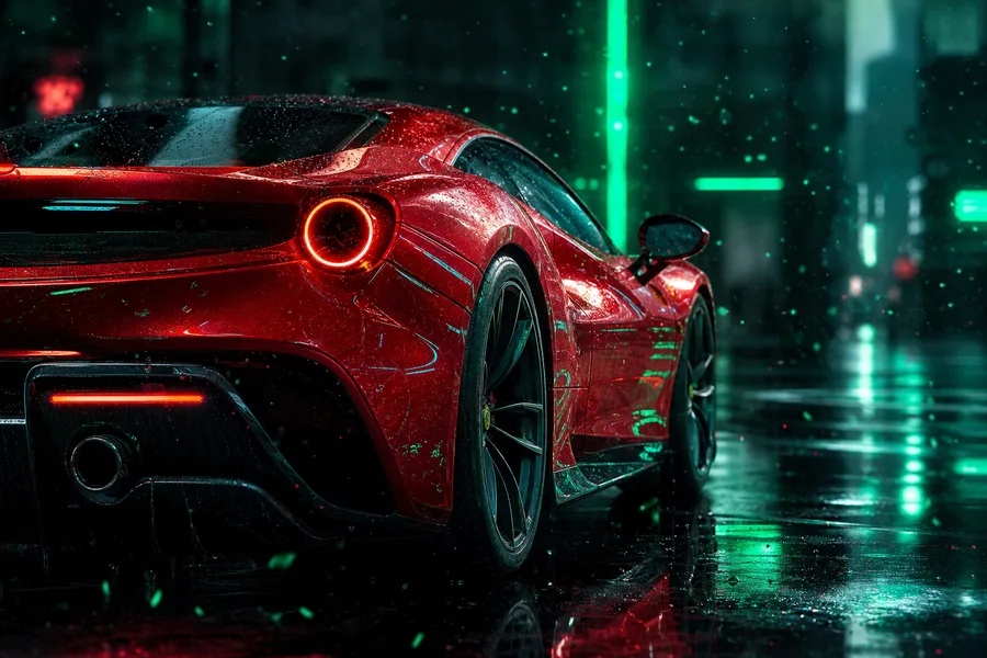 Red Ferrari In Rainy City Cars Wallpaper  2 4K