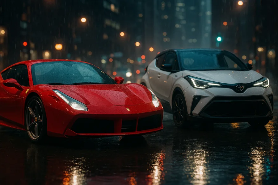 Red Ferrari In Rainy City Cars Wallpaper 2 4K 2