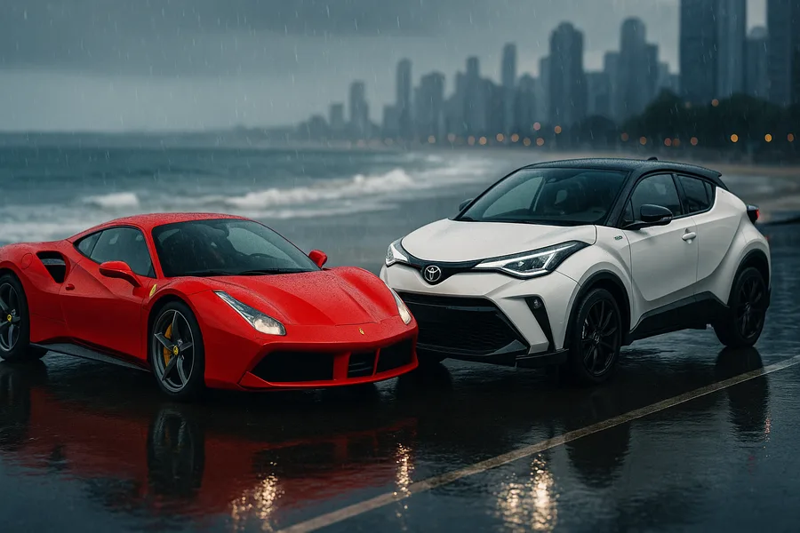 Red Ferrari In Rainy City Cars Wallpaper 2 4K 4