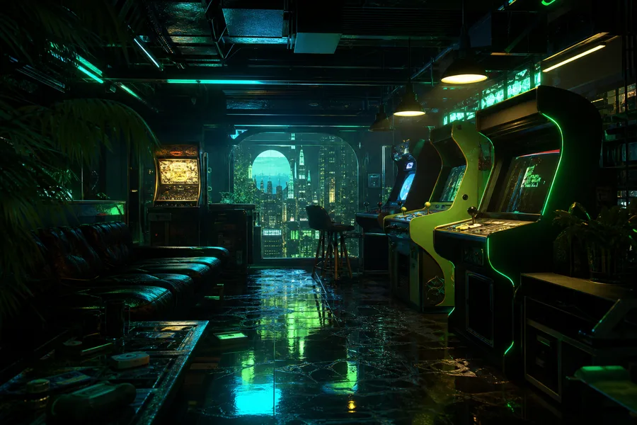 Retro Arcade Room With Neon Machines Gaming Wallpaper 17 4K 2