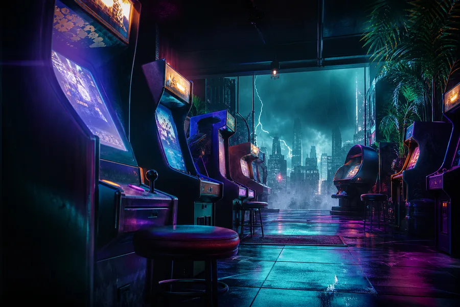 Retro Arcade Room With Neon Machines Gaming Wallpaper 17 4K 4