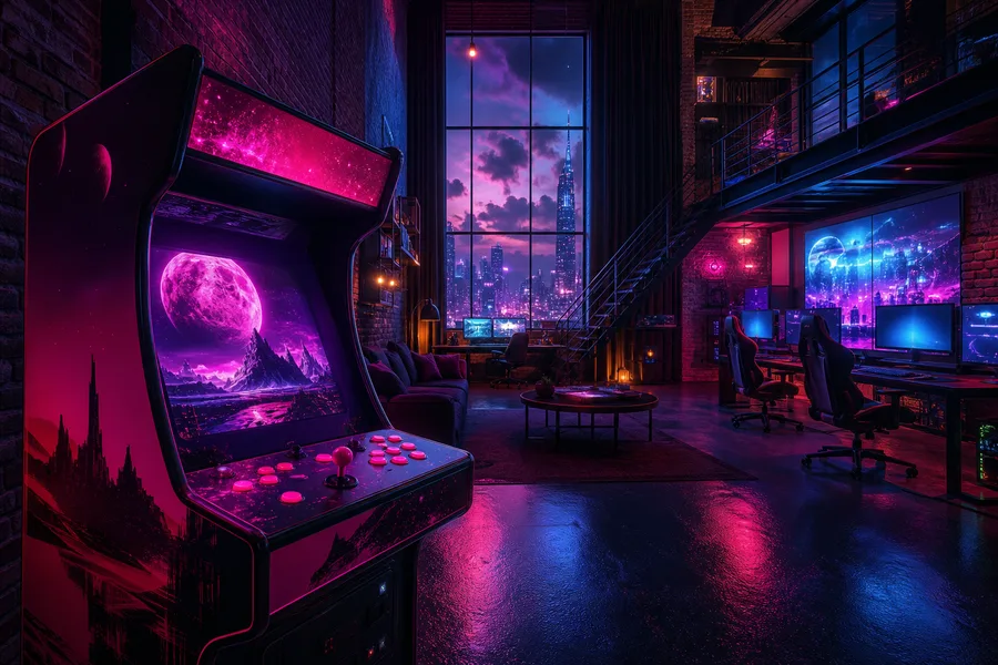 Retro Arcade Room With Neon Machines Gaming Wallpaper  17 4K