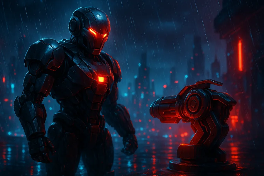 Robot Warrior Standing In Neon Rain Robots Wallpaper 10 4K 2