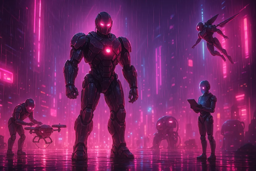 Robot Warrior Standing In Neon Rain Robots Wallpaper 18 4K