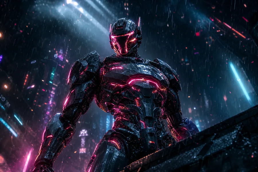 Robot Warrior Standing In Neon Rain Robots Wallpaper 2 4K 10