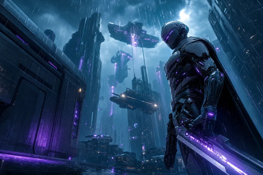 Robot Warrior Standing In Neon Rain Robots Wallpaper 2 4K 11
