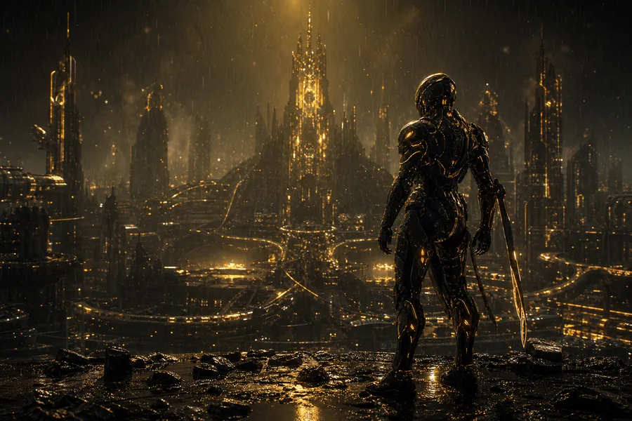 Robot Warrior Standing In Neon Rain Robots Wallpaper 2 4K 15