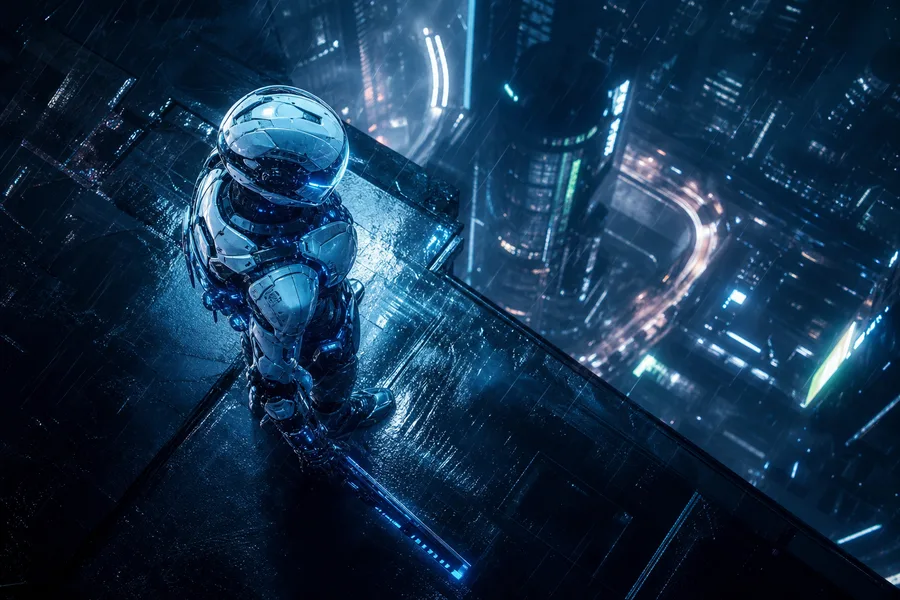Robot Warrior Standing In Neon Rain Robots Wallpaper 2 4K 16