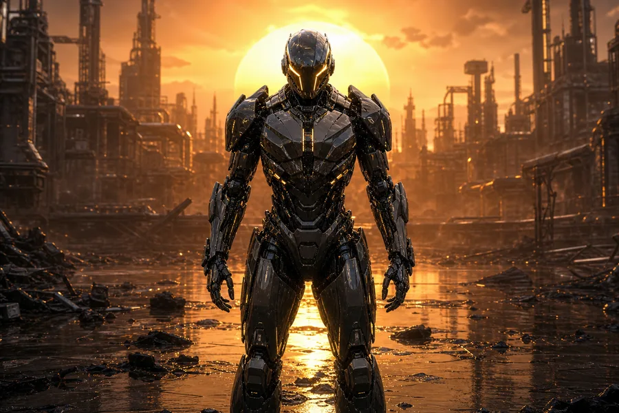 Robot Warrior Standing In Neon Rain Robots Wallpaper  2 4K