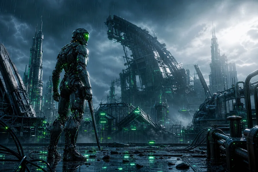 Robot Warrior Standing In Neon Rain Robots Wallpaper  2 4K