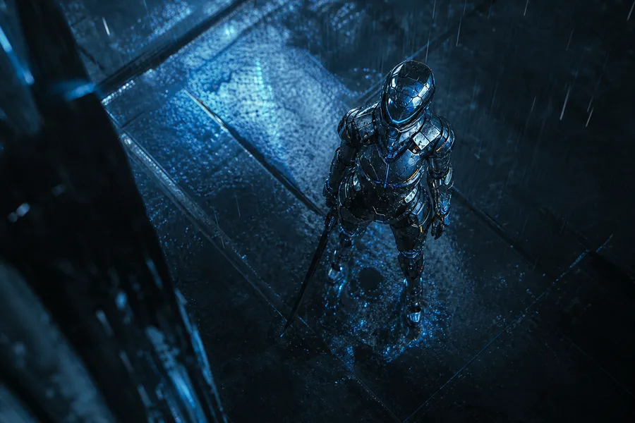 Robot Warrior Standing In Neon Rain Robots Wallpaper 2 4K 3