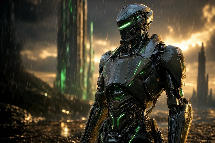 Robot Warrior Standing In Neon Rain Robots Wallpaper 2 4K 6