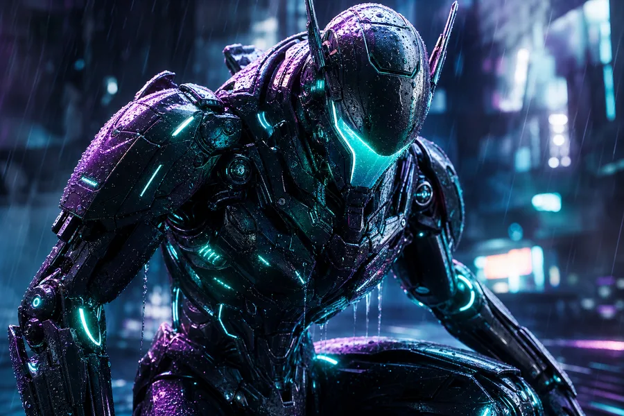 Robot Warrior Standing In Neon Rain Robots Wallpaper 2 4K 7
