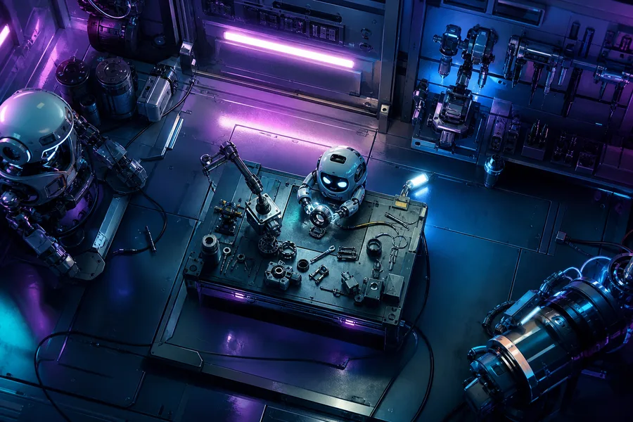 Small Cute Robot In Workshop Robots Wallpaper  3 4K