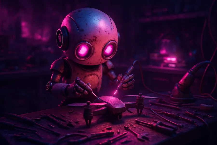 Small Cute Robot In Workshop Robots Wallpaper 3 4K