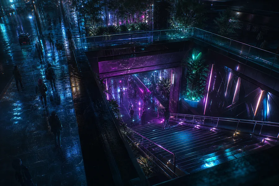 Underground Neon Club Entrance Cyberpunk Wallpaper 15 4K