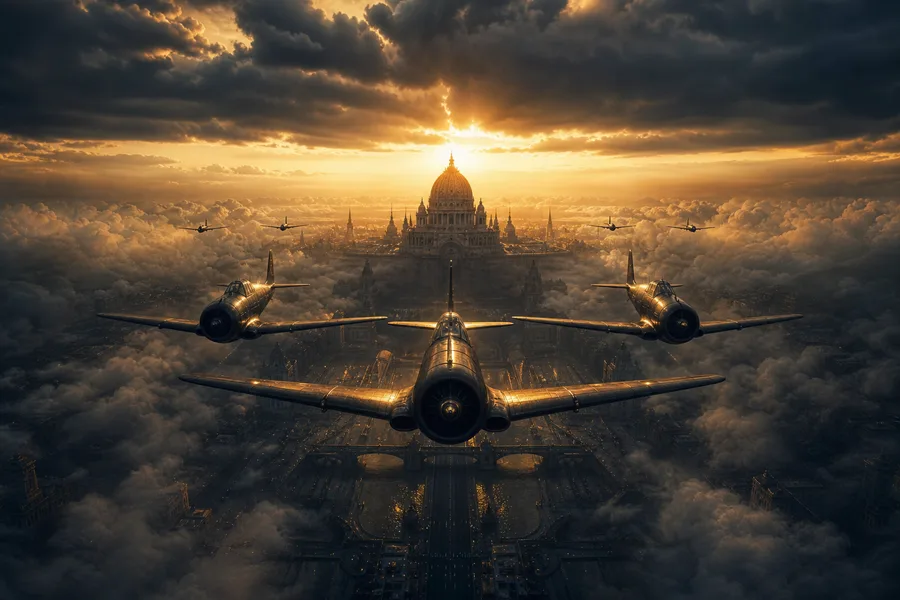 Vintage Aircraft Formation In Dramatic Sunset Clouds Airplanes Wallpaper 3 4K 2