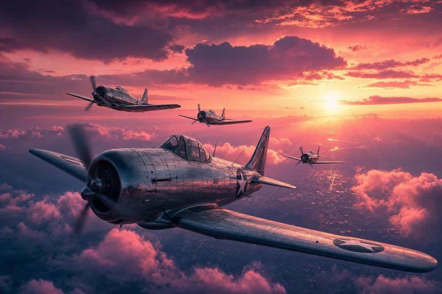 Vintage Aircraft Formation In Dramatic Sunset Clouds Airplanes Wallpaper 3 4K 5