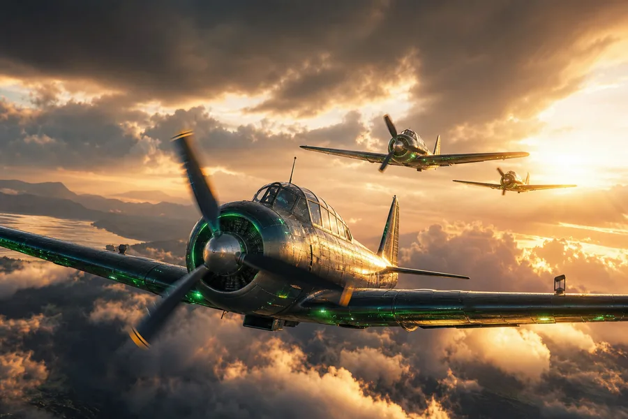 Vintage Aircraft Formation In Dramatic Sunset Clouds Airplanes Wallpaper 3 4K 6