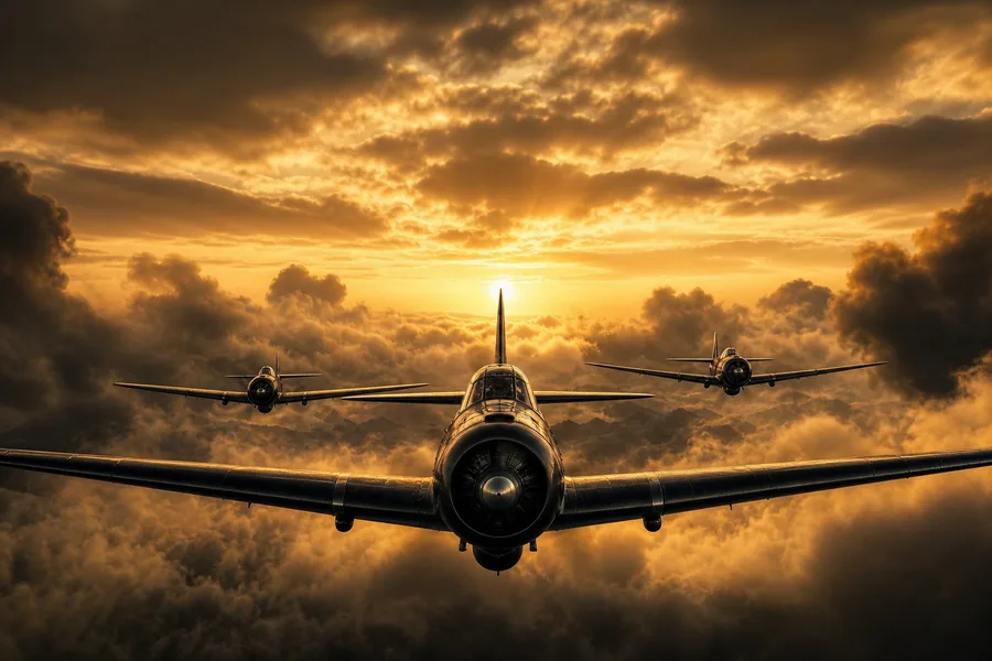 Vintage Aircraft Formation In Dramatic Sunset Clouds Airplanes Wallpaper 3 4K 9