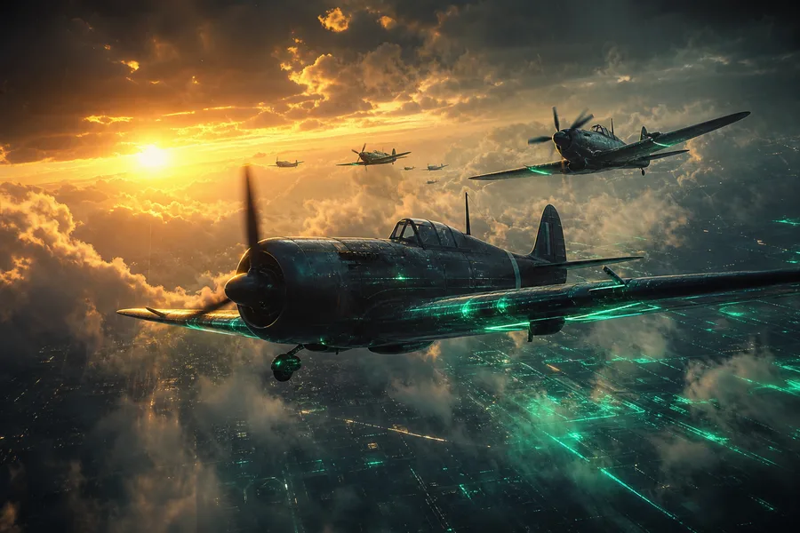 Vintage Aircraft Formation In Dramatic Sunset Clouds Airplanes Wallpaper 3 4K