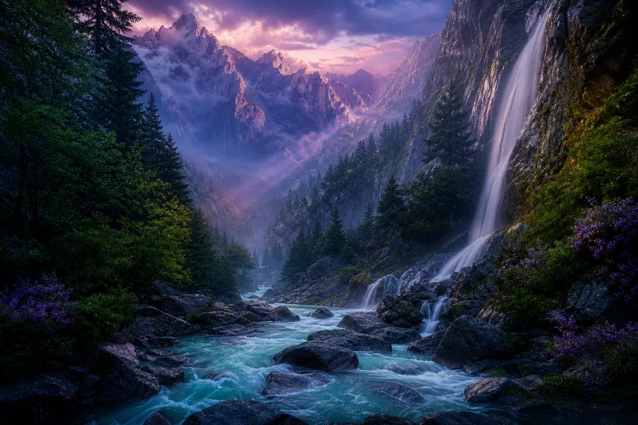 Waterfall Valley Cinematic Nature Wallpaper  3 4K